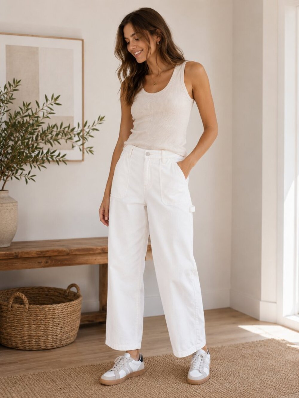 American Eagle Super High Rise Baggy Wide Leg Utility Jeans Off-White Sz 6 1312